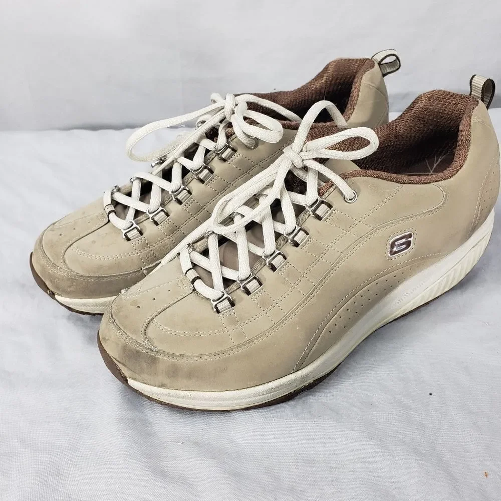 Skechers Size 10 Shape Ups Tan Beige Walking Toning Shoes Fitness F1 Suede